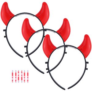 Halloween duivel hoorntjes - 3x - glow in the dark - diadeem - rood - kunststof