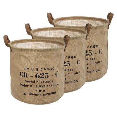 Opbergmand Vintage - 3x - rond - jute - naturel - D30 cm - opvouwbaar - decoratie mand