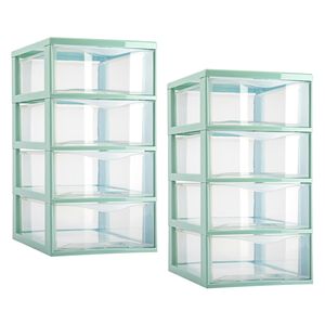 Ladeblokje/bureau organizer - 2x stuks - 4 lades - transparant/mintgroen - L18 x B25 x H33 cm - plas