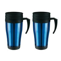 Thermosbeker/warmhoudbeker Koffie To Go - 4x - blauw/zwart - 400 ml - koffie/thee bekers - dubbelwan