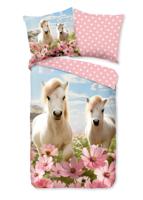 Good Morning Kinderdekbedovertrek "witte paarden met bloemen" - Roze - (135x200 cm) - Katoen