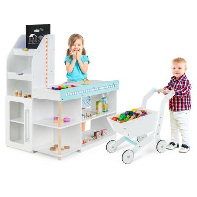 Houten Supermarkt voor Kinderen Speel kruidenierswinkel met Kassa Trolley Schoolbord Kruidenierskraam met LED-Verlichting
