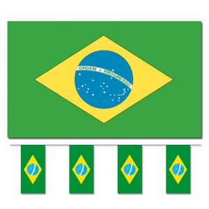 Bellatio Decorations - Vlaggen versiering set - Brazilie - Vlag 90 x 150 cm en vlaggenlijn 4 meter