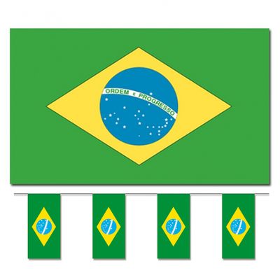 Bellatio Decorations - Vlaggen versiering set - Brazilie - Vlag 90 x 150 cm en vlaggenlijn 4 meter