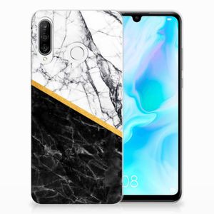 Huawei P30 Lite TPU Siliconen Hoesje Marmer Wit Zwart - Origineel Cadeau Man