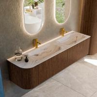 Badmeubel Mondiaz Kurve-Dlux | 175 cm | Meubelkleur Walnut | Wastafelkleur Nata | Solid surface | Dubbel / Rechts spoelbak | 2 kraangaten