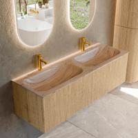 Badmeubel Mondiaz Kurve-Dlux | 140 cm | Meubelkleur Oak | Wastafelkleur Arena | Solid surface | Wasbak beide zijden spoelbak | 2 kraangaten