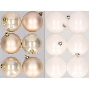 12x stuks kunststof kerstballen mix van champagne en winter wit 8 cm