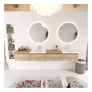 Mondiaz Bukla 240cm badmeubel met module 60 links kleur washed oak met 4 lades wastafel dubbel 2 kraangaten kleur talc
