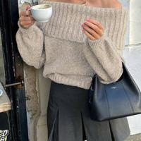 Bon&Bon Women's Off-Shoulder Loose Casual Sweater - Dark Grey Knit Apricot / XS
