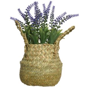 Lavendel kunstplant in rieten mand - lila paars - D16 x H27 cm