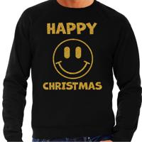 Foute Kersttrui/sweater voor heren - Happy Christmas - Smile Emoticon - zwart - glitter goud