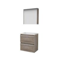Basic-Line Comfort 39 Badkamermeubelset - Ondiep - 60 x 39 cm - Greeploos - 2 Lades - Keramische Wastafel - 1 Kraangat - Spiegelkast - Scotch Oak