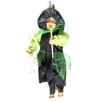 Halloween decoratie heksen pop - vliegend op bezem - 35 cm - zwart/groen - thumbnail