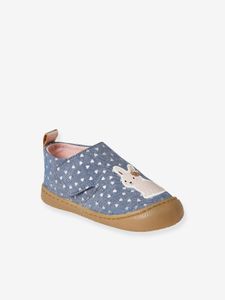 Stoffen sloffen met klittenband en print voor baby chambrayblauw