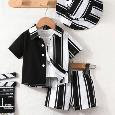 3pcs/Set Summer Baby Boys Casual Sports Striped Short Sleeve Shirt Top, Striped Shorts And Hat Outfit Set Black and White / 18-24M