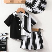 3pcs/Set Summer Baby Boys Casual Sports Striped Short Sleeve Shirt Top, Striped Shorts And Hat Outfit Set Black and White / 18-24M