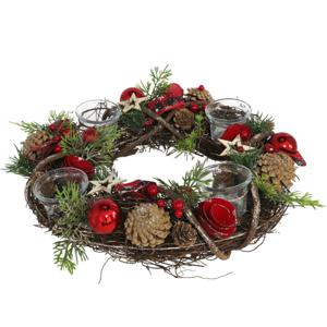 Kerststukje - kerstkrans - D36 cm - met kaarsenhouders - hout - tafeldecoratie ornament