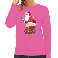 Foute Kersttrui/sweater voor dames - Merry Shitmas - roze - kerstman op de WC