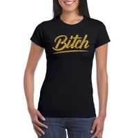 Bitch goud tekst t-shirt zwart dames - Glitter en Glamour goud party kleding shirt