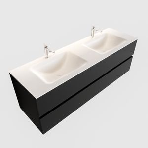 Badkamermeubel Solid Surface BWS Oslo 150x45 cm Mat Zwart Urban Dubbel (2 kraangaten)