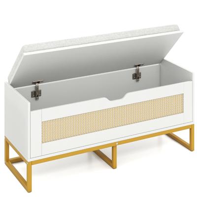 Rieten Opbergkist Schoenenbank 100 cm met Gestoffeerde Zitting Klepdeksel met Veiligheidsscharnieren Wit/Bruin-Wit
