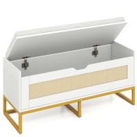 Rieten Opbergkist Schoenenbank 100 cm met Gestoffeerde Zitting Klepdeksel met Veiligheidsscharnieren Wit/Bruin-Wit