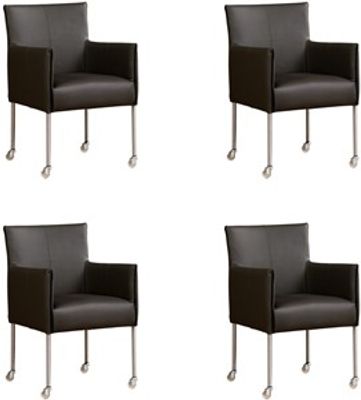 Set van 4 Donkergrijze leren moderne kuipstoel More - poot rond rvs met wiel - Toledo Leer Antracite (donkergrijs leer)