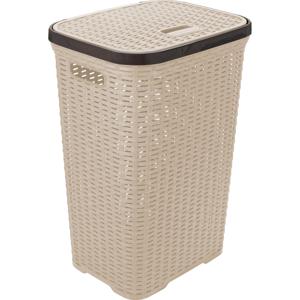 Wasmand met deksel Rotan - beige - gevlochten kunststof - 60 liter - 34 x 43 x 62 cm