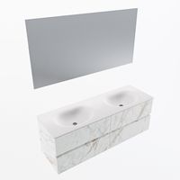 MONDIAZ VICA 140cm badmeubel onderkast Carrara 4 lades. Wastafel Moon dubbel zonder kraangat, kleur Talc met spiegel LED. - thumbnail