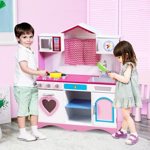 Fantasierijke Speelkeuken met Gootsteen en Kraan Rollenspel Keukenset met Magnetron Kookplaat Realistische Geluiden Houten Keukenset