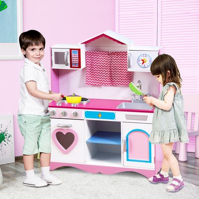 Fantasierijke Speelkeuken met Gootsteen en Kraan Rollenspel Keukenset met Magnetron Kookplaat Realistische Geluiden Houten Keukenset