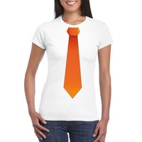 Wit t-shirt met oranje stropdas dames - thumbnail