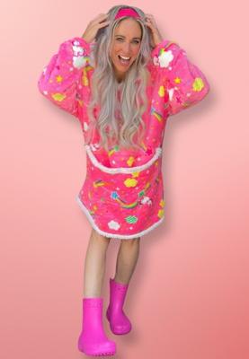 Plaid met mouwen - fleece - unicorn neon roze