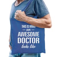 Cadeau tas voor dokter - blauw - katoen - 42 x 38 cm - awesome doctor - thumbnail