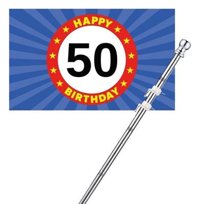 50 jaar vlag en vlaggenstok set - multi - 150 x 90 cm - verjaardag