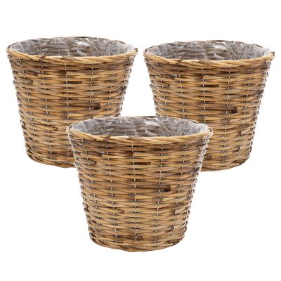 Planten/bloemen mand - 3x - rotan - lichtbruin - D17 x H14 cm - plantenpot