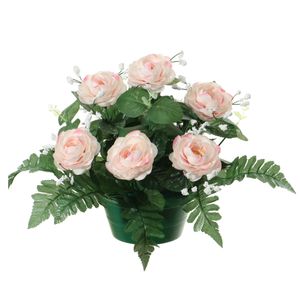 Kunstbloemen plantje rozen in pot - lichtroze - 25 cm - Bloemstuk ornament - met bladgroen