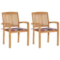 Tuinstoelen 2 st met rood geruite kussens massief teakhout