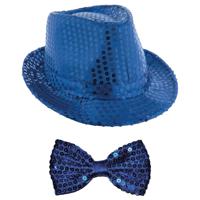 Carnaval verkleed setje - glitter hoedje en vlinderstrikje - blauw - volwassenen - met pailletten - thumbnail