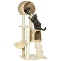 PawHut kattenboom, met kattenhuis, meerdere platforms, hangmat, krasmat, kantelbescherming, beige, 60 x 60 x 150 cm