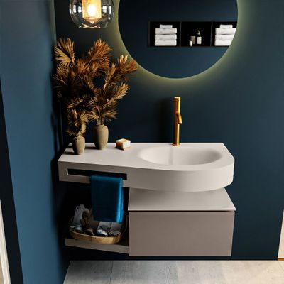 MONDIAZ RIVA 100cm badmeubel onderkast / planchet kleur Smoke met 1 lade. Wastafel DULCET rechts 1 kraangat kleur Linen. MONDIAZ RIVA 100cm badmeubel onderkast / planchet kleur Smoke met 1 lade. Wastafel DULCET rechts 1 kraangat kleur Linen.