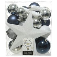 33x Blauw/wit/zilveren kerstballen met piek 5-6-8 cm kunststof - thumbnail