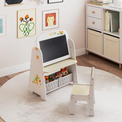 Kinderstaander met Stoel Kindertafel met Boekenrek & Magnetisch Krijtbord & Whiteboard Natuur