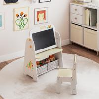 Kinderstaander met Stoel Kindertafel met Boekenrek & Magnetisch Krijtbord & Whiteboard Natuur
