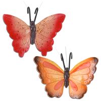 Tuindecoratie bloempothangers vlinder - set 2x - rood/oranjerood - kunststeen - 13 x 10 cm