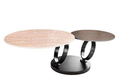 Salontafel DANCING RINGS 80-135cm draaibaar keramisch blad natuurlijke travertijn en roestlook - 46316