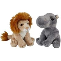 Safari dieren serie pluche knuffels 2x stuks - Nijlpaard en Leeuw van 15 cm