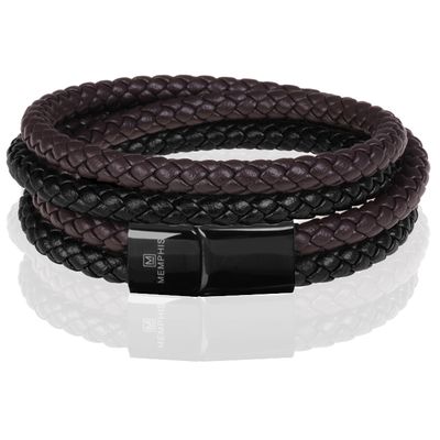 Memphis dubbele wrap armband Duo Leer Bruin Zwart-21cm