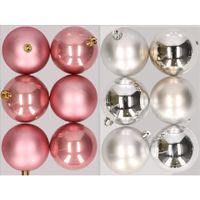 12x stuks kunststof kerstballen mix van oudroze en zilver 8 cm